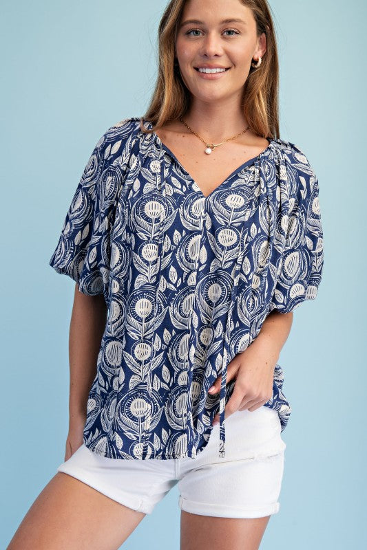Geo Floral Tie Neck Puff Sleeve Top-Navy