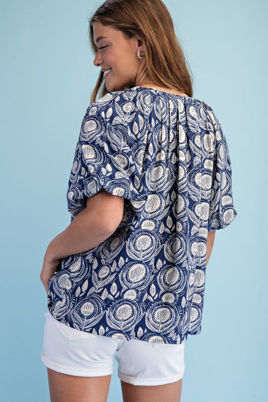 Geo Floral Tie Neck Puff Sleeve Top-Navy