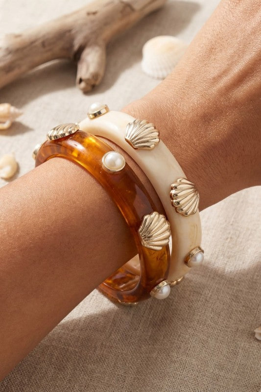 Shell & Pearl Acrylic Bangle Bracelet Set