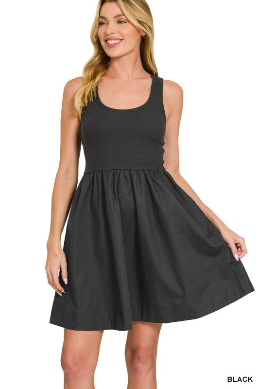 Solid Rib Tank Flowy Hem Short Dress