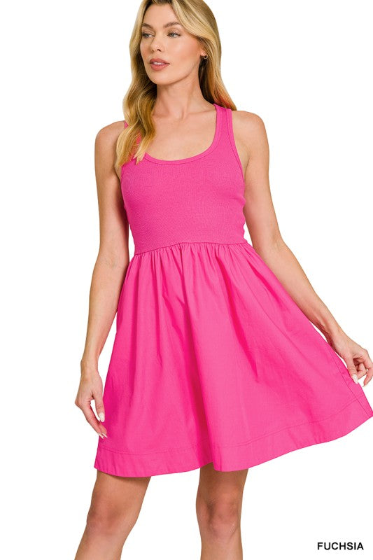Solid Rib Tank Flowy Hem Short Dress