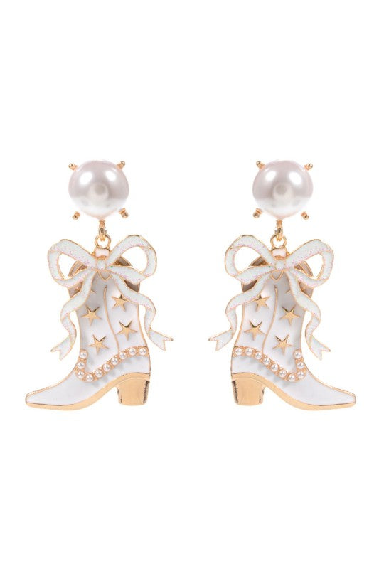 Bride Pearl Cowboy Boot Bow Drop Earring