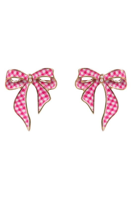 Gingham Bow with Tail Stud Earring