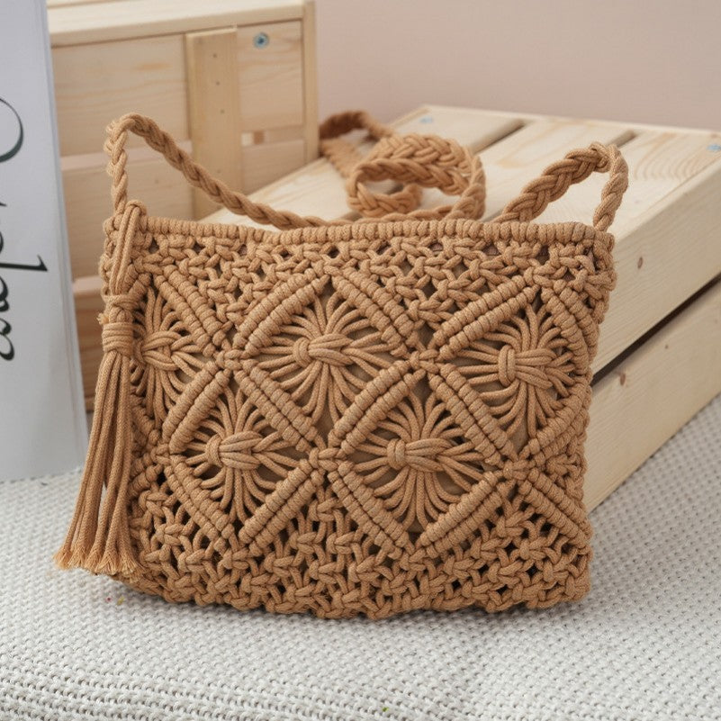 Crochet Macrame Tassel Crossbody Bag-Tan