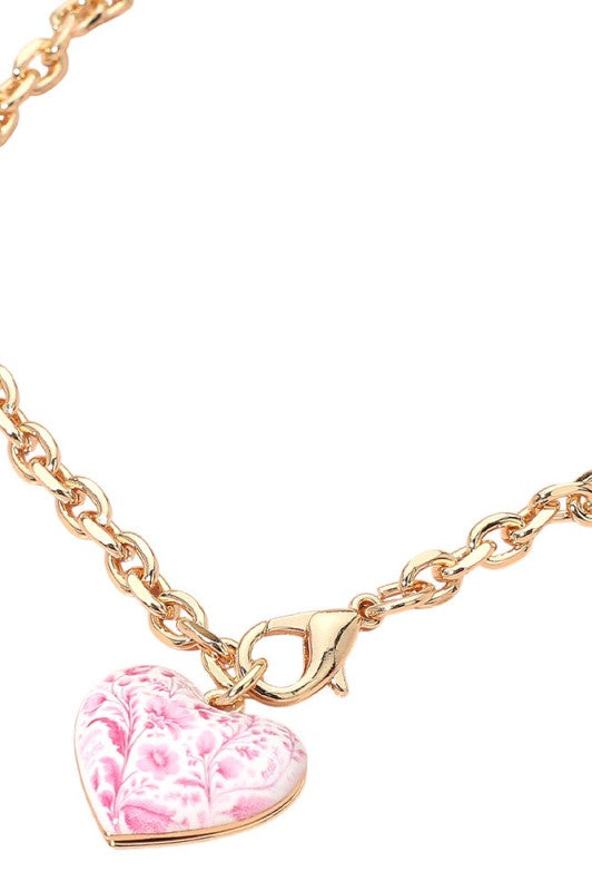 Pink Floral Heart Charm Chain Necklace