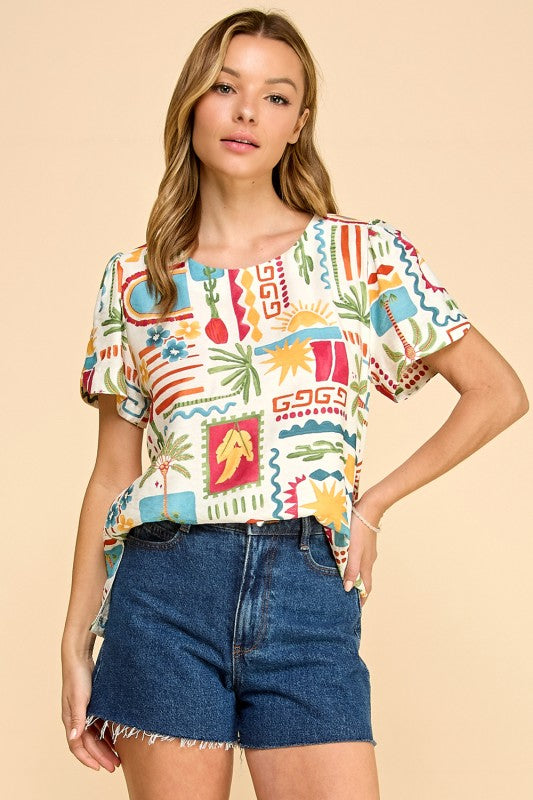 Palm Stamp Print Notch Sleeve Top-Multi