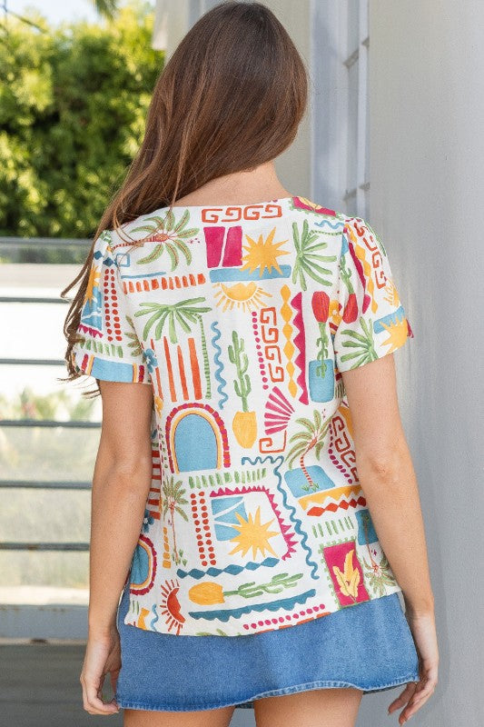 Palm Stamp Print Notch Sleeve Top-Multi