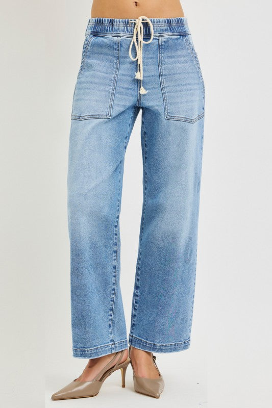 Elastic Tie Waist Cropped Baggy Patch Pocket Denim