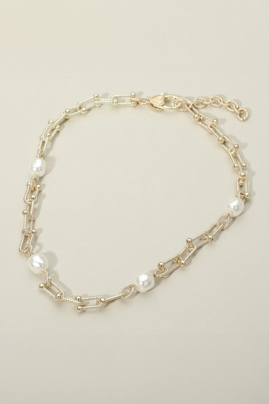 Pearl Chain Link Necklace-Gold