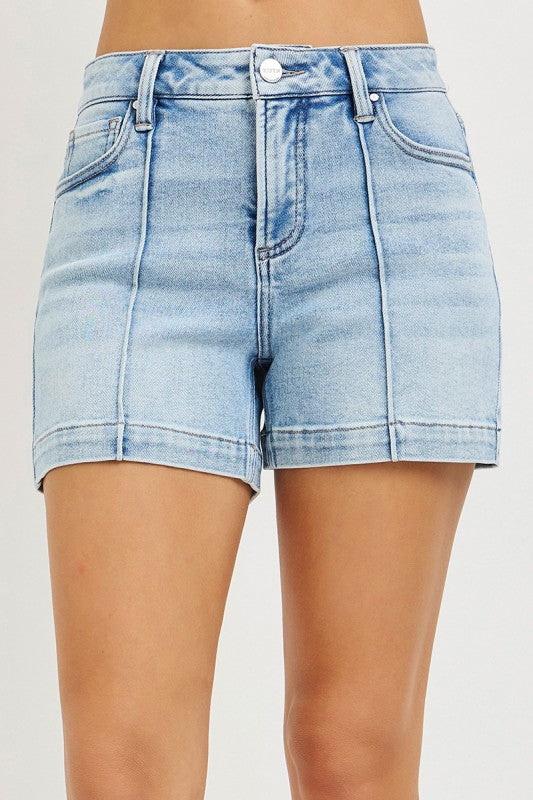 Tummy Control Pintuck Front Seam Denim Shorts-Light