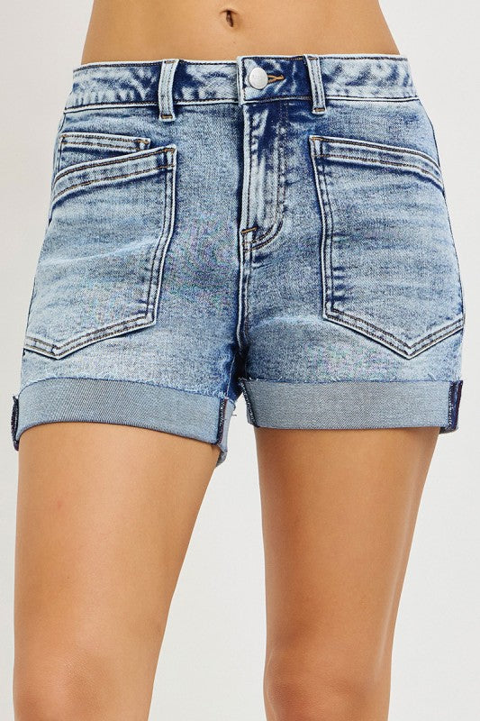 Slouchy Slant Patch Pocket Cuff Hem Short-Light