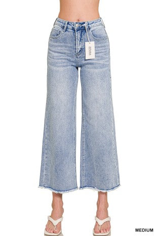 High Waist Wide Leg Fray Hem Denim-Medium Wash