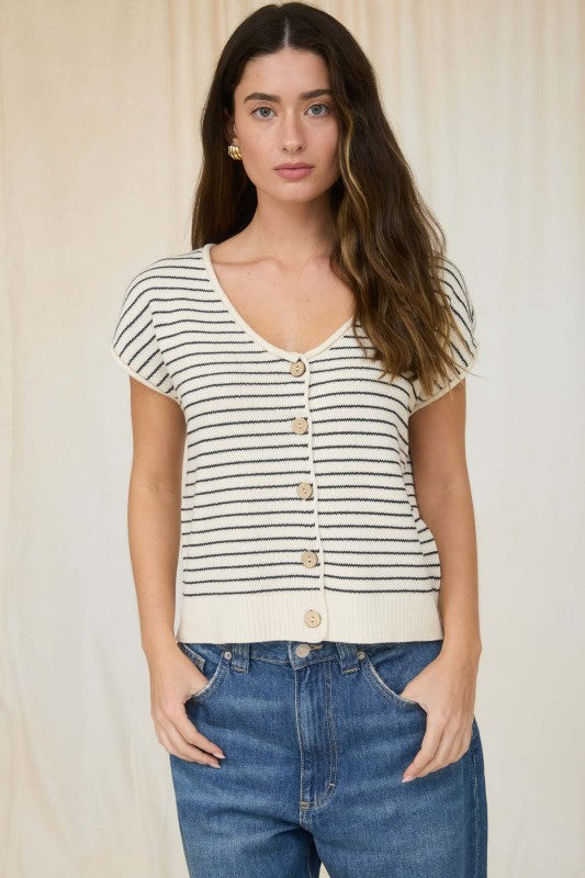 Striped Scoop Neck Rolled Edge Button Sweater-Cream