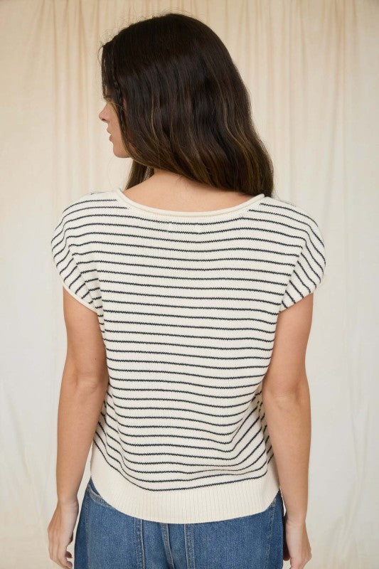 Striped Scoop Neck Rolled Edge Button Sweater-Cream
