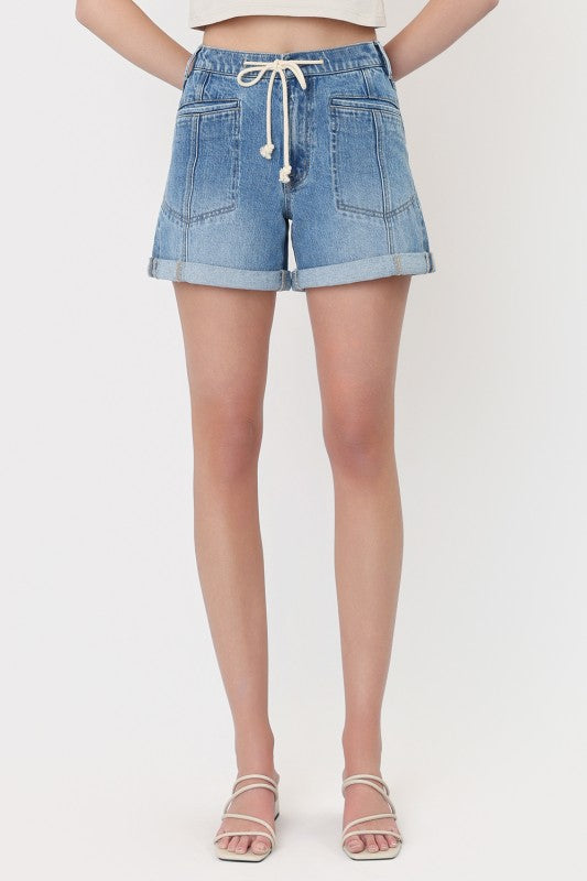 Drawstring Cuffed Welt Pocket Denim Shorts