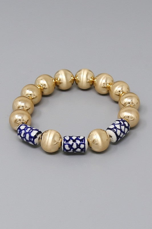 Blue Ceramic & Gold Ball Bead Bracelet-Navy