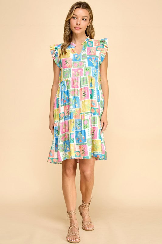 Summer Stamp Print Ruffled Shoulder Tiered Dress