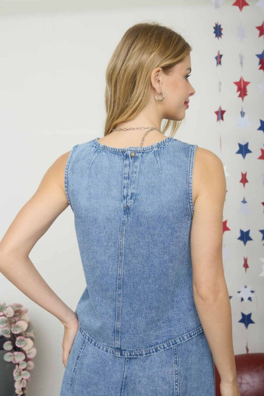 Sleeveless Front Seam Washed Denim Top