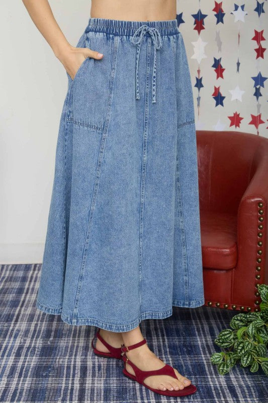 Front Seam Washed Denim Maxi Skirt