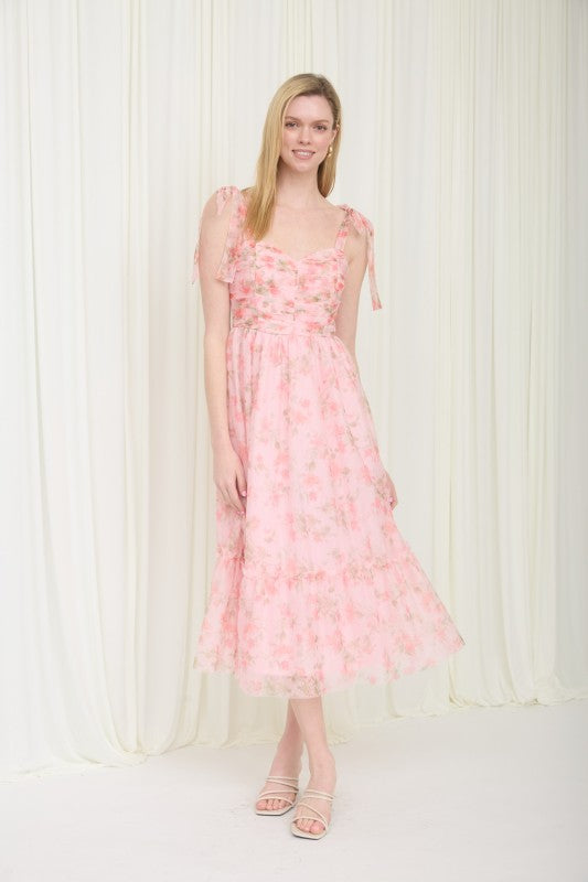Chiffon Floral Sweetheart Neck Tie Strap Midi Dress-Pink