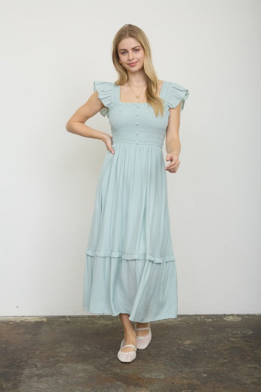 Solid Button Down Smocked Ruffle Strap Midi Dress