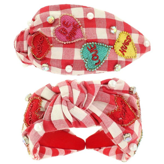 Red Gingham Beaded Convo Hearts Headband