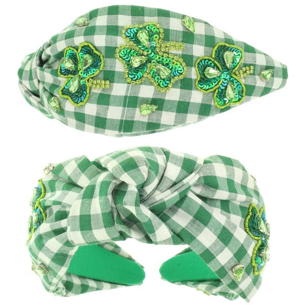 Green Gingham Beaded Clover Headband