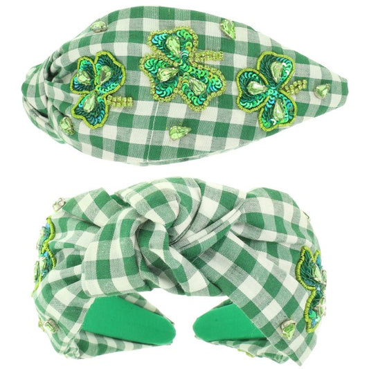 Green Gingham Beaded Clover Headband