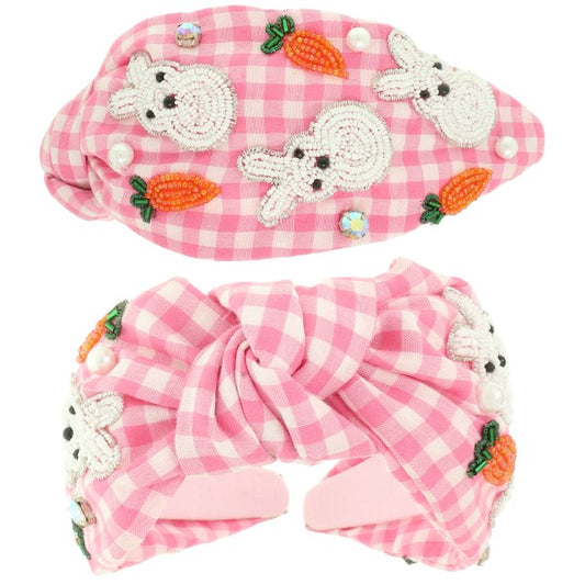 Pink Gingham Beaded Easter Headband