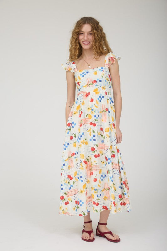 Picnic Motif Ruffle Strap Maxi Dress-Off Wht