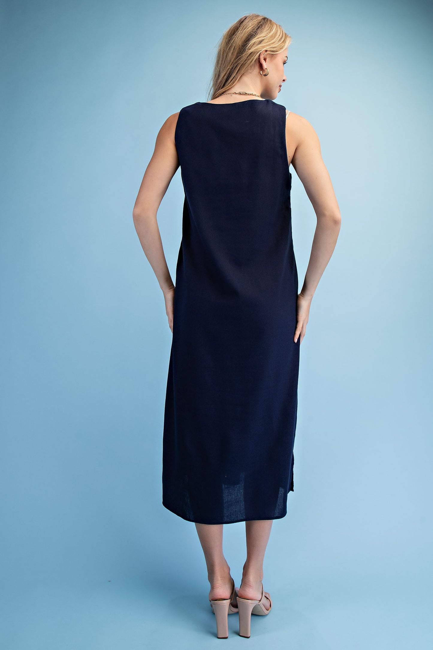 Sleeveless Embroidered Neck Midi Dress-Navy