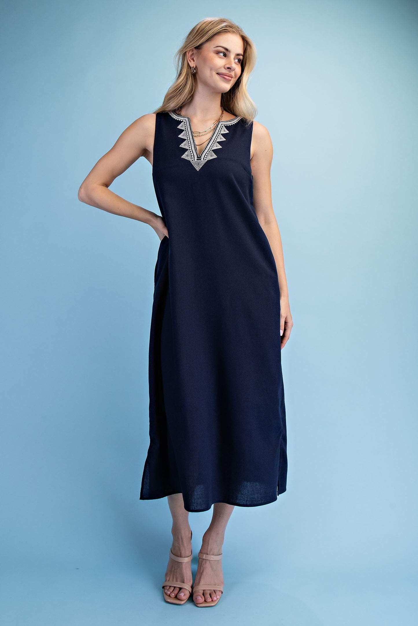 Sleeveless Embroidered Neck Midi Dress-Navy
