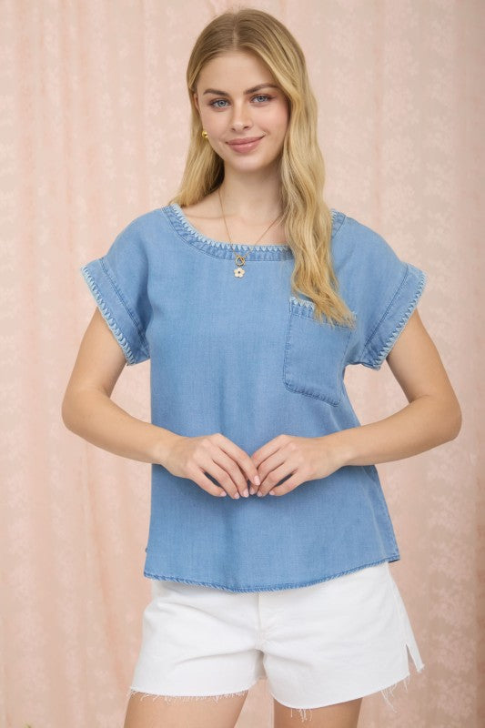 Whip Stitch Edge Chambray Top