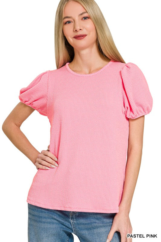 Solid Ribbed Puff Sleeve Top