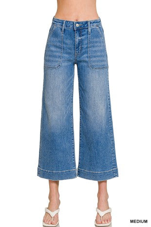 Crop Wide Leg Patch Pocket Denim-Medium Wash