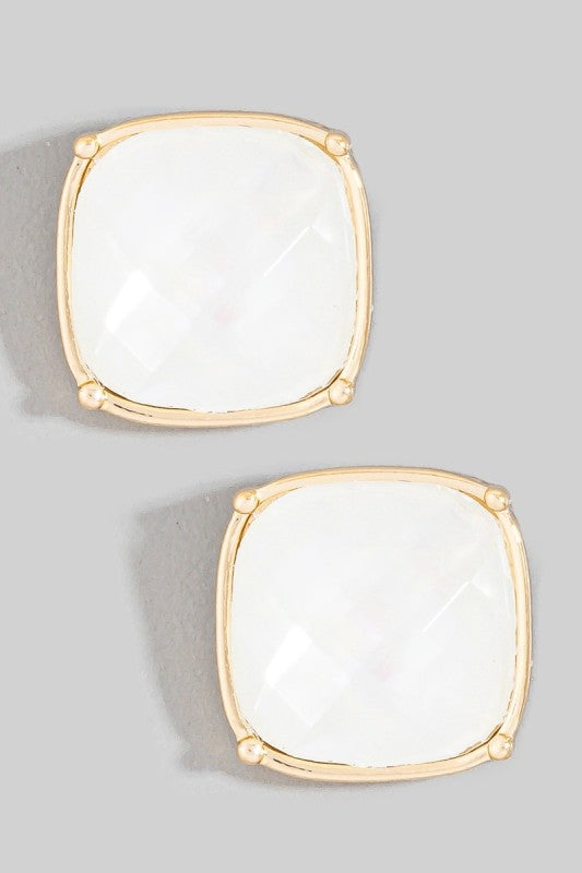 Square Pearlized Faceted Stone Stud Earring