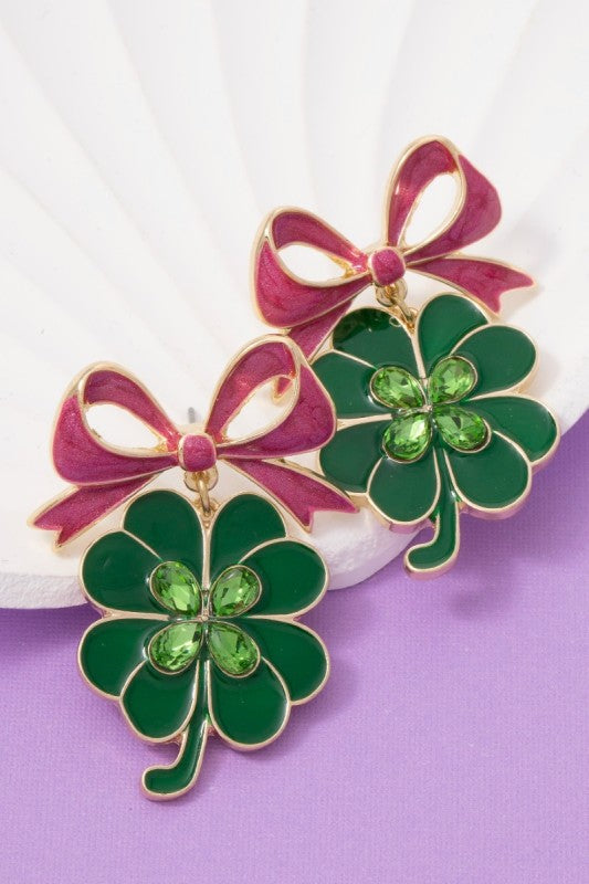 Pink Bow Clover Drop Earring