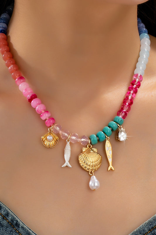 Resin Beaded Shell & Fish Charm Necklace-Multi