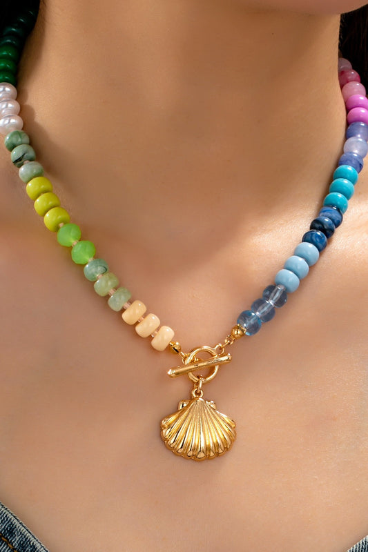 Rondelle Beaded Gold Seashell Toggle Necklace-Multi