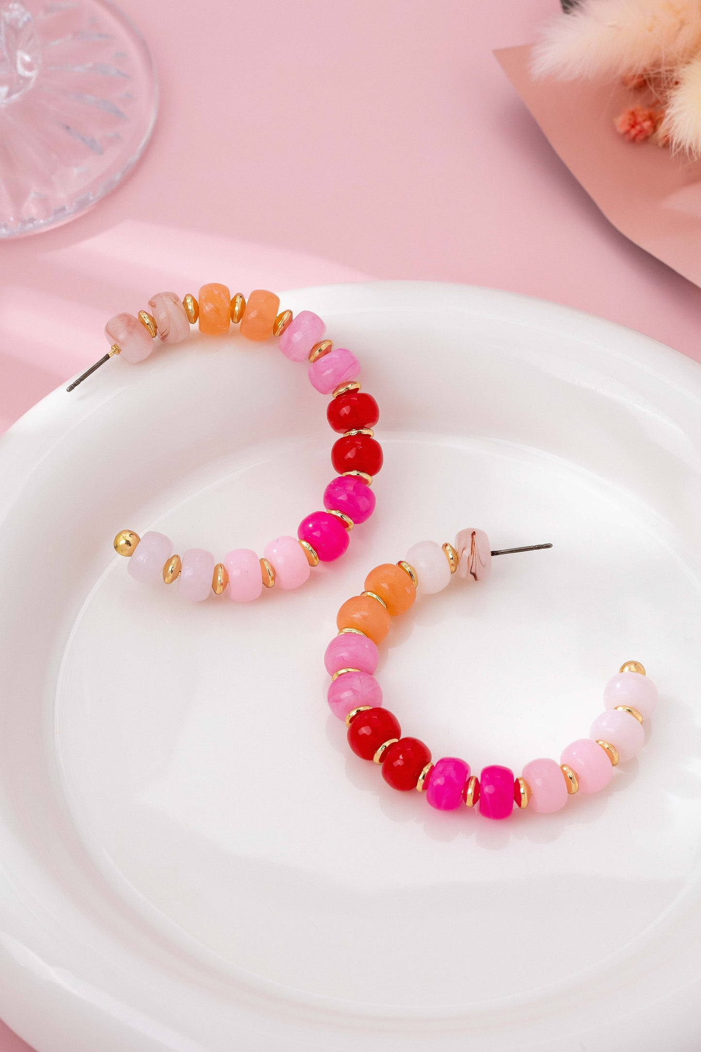 Gradient Pink Resin Beaded Hoop Earrings
