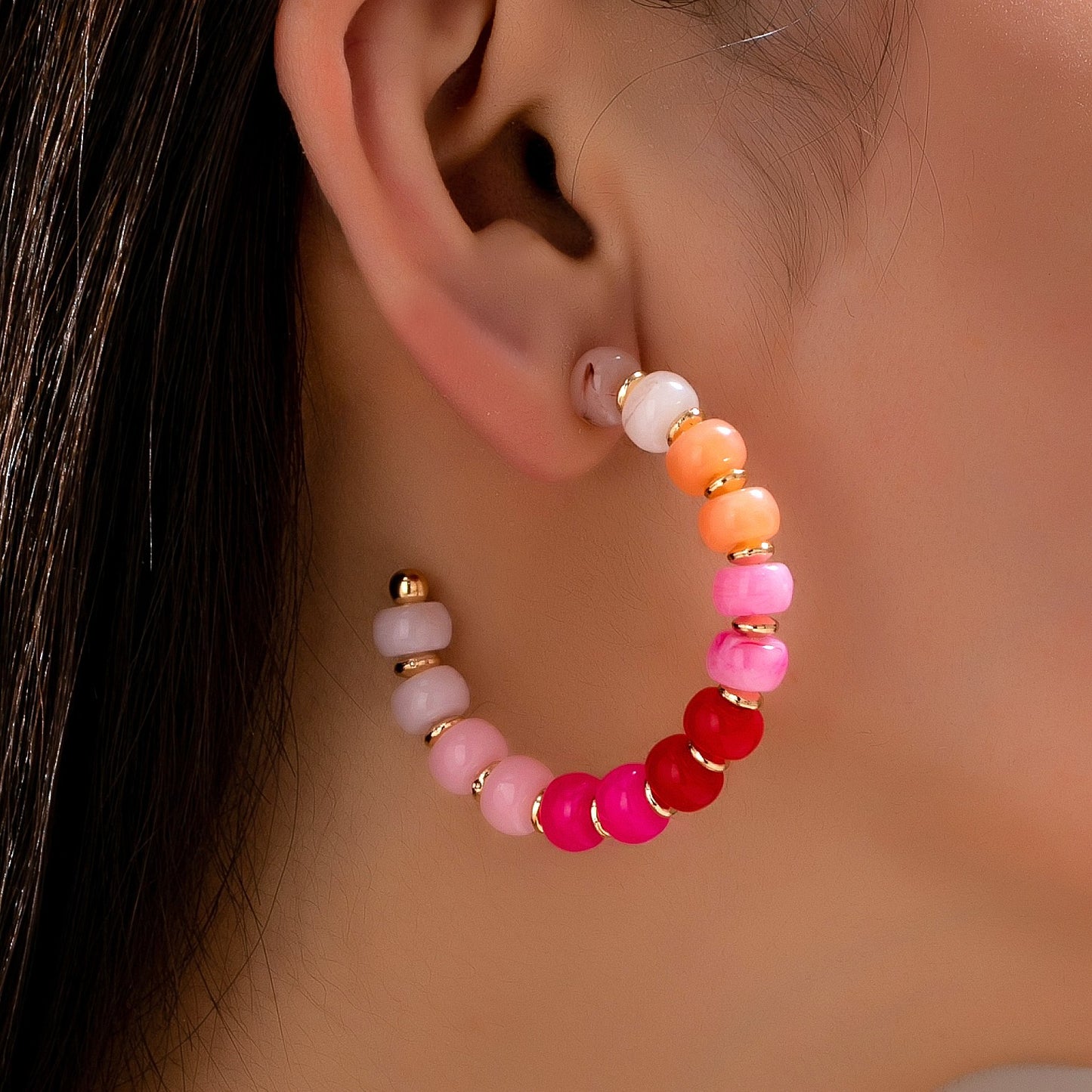 Gradient Pink Resin Beaded Hoop Earrings