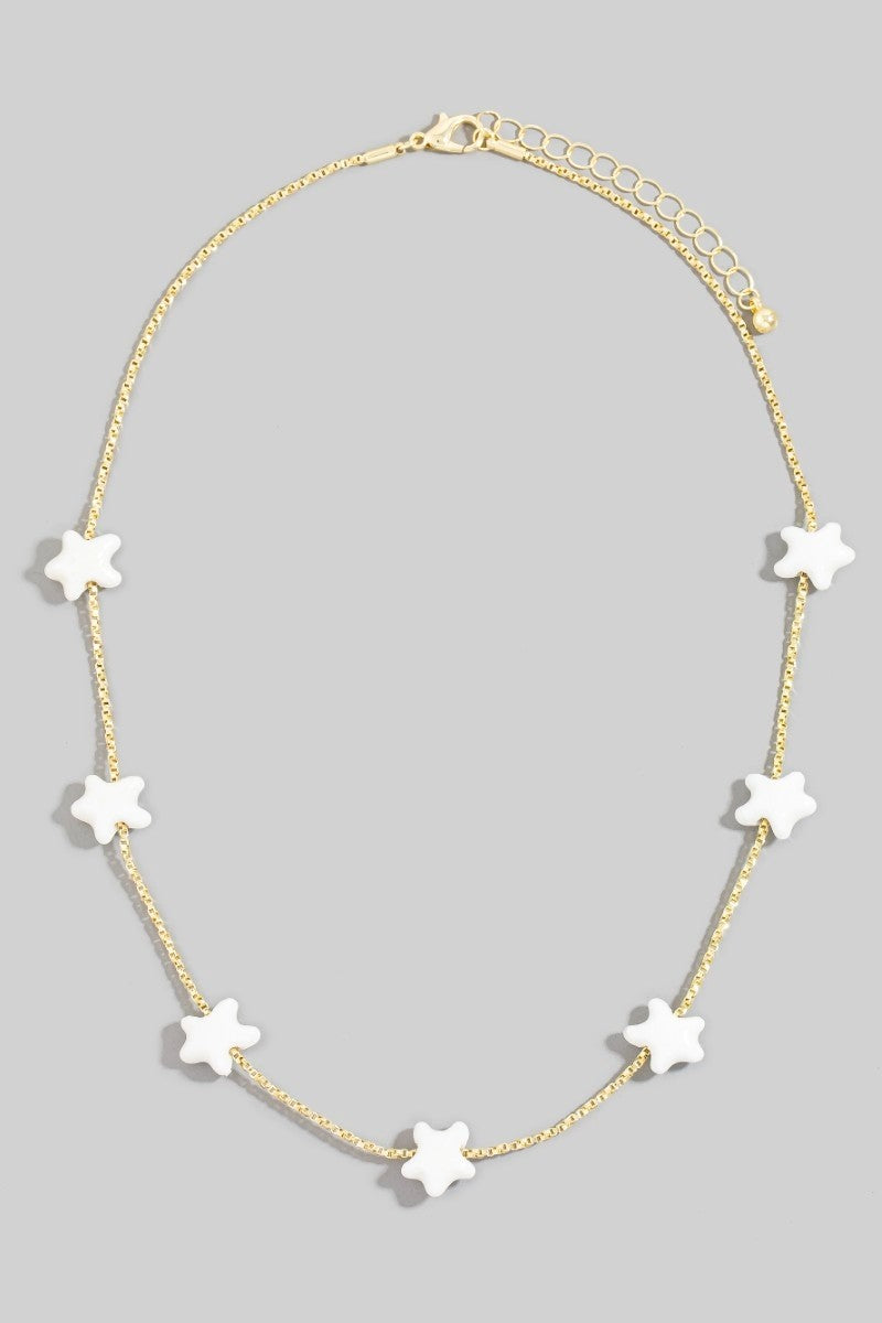 White Puff Star Stationary Beaded Necklace