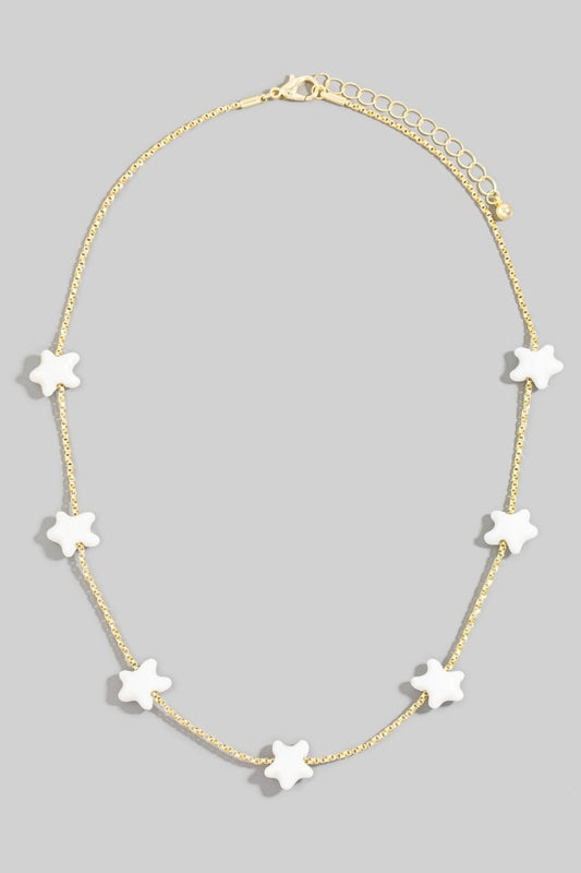 White Puff Star Stationary Beaded Necklace