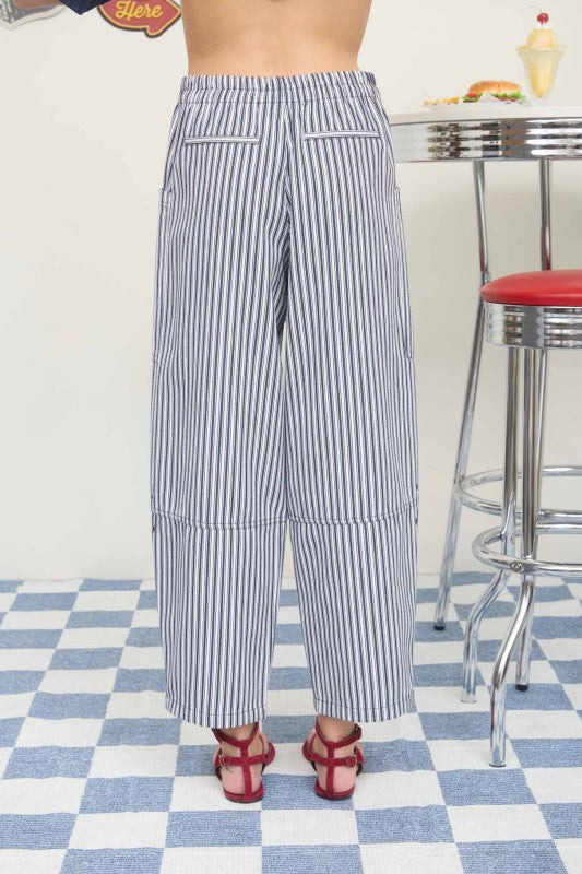 Striped Patch Pocket Wide Leg Barrel Pant-Navy