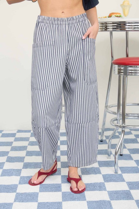 Striped Patch Pocket Wide Leg Barrel Pant-Navy
