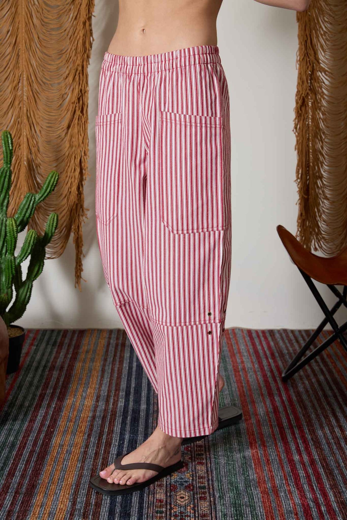 Striped Patch Pocket Wide Leg Barrel Pant