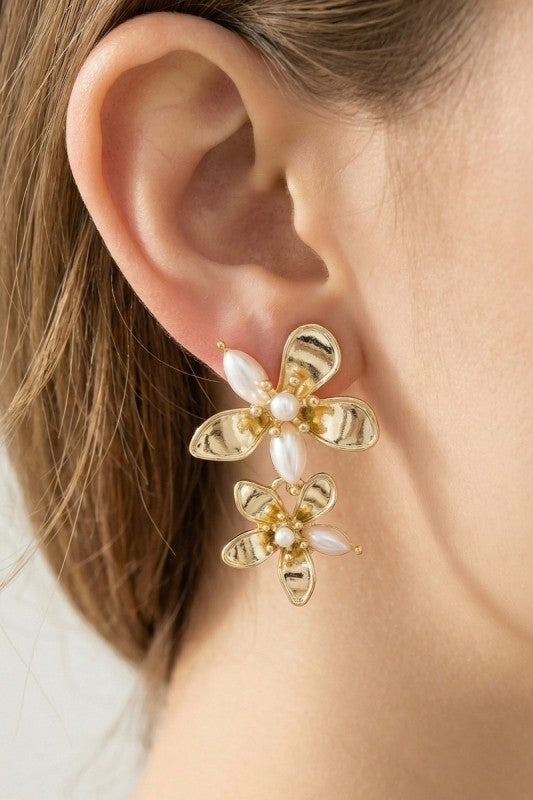 Gold & Pearl Double Flower Drop Earring