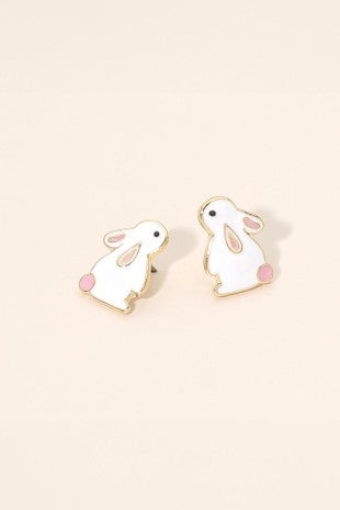 Enamel White Bunny Pink Tail Stud Earring
