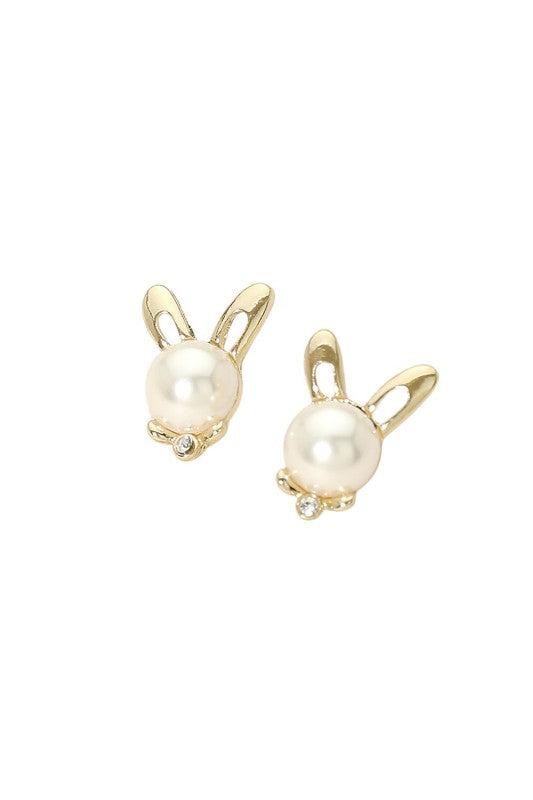 Round Pearl Bunny Head Gold Ear Stud Earring