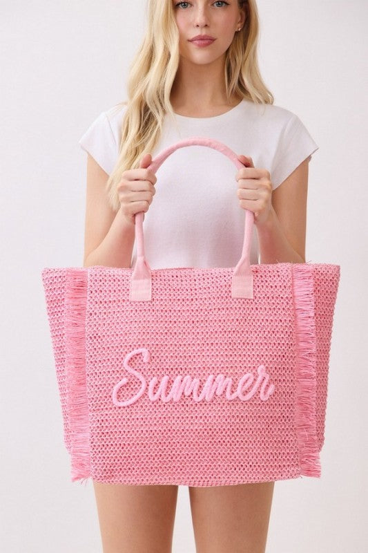 Summer Embroidered Straw Fringe Tote Bag